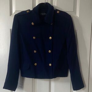 Vintage Herbert Grossman Navy Blue Cropped Wool Blazer Double Breasted Gold